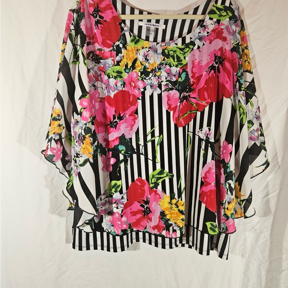 Peter Nygard Black & White Striped Tunic with Bright Floral Print - Picture 2 of 7